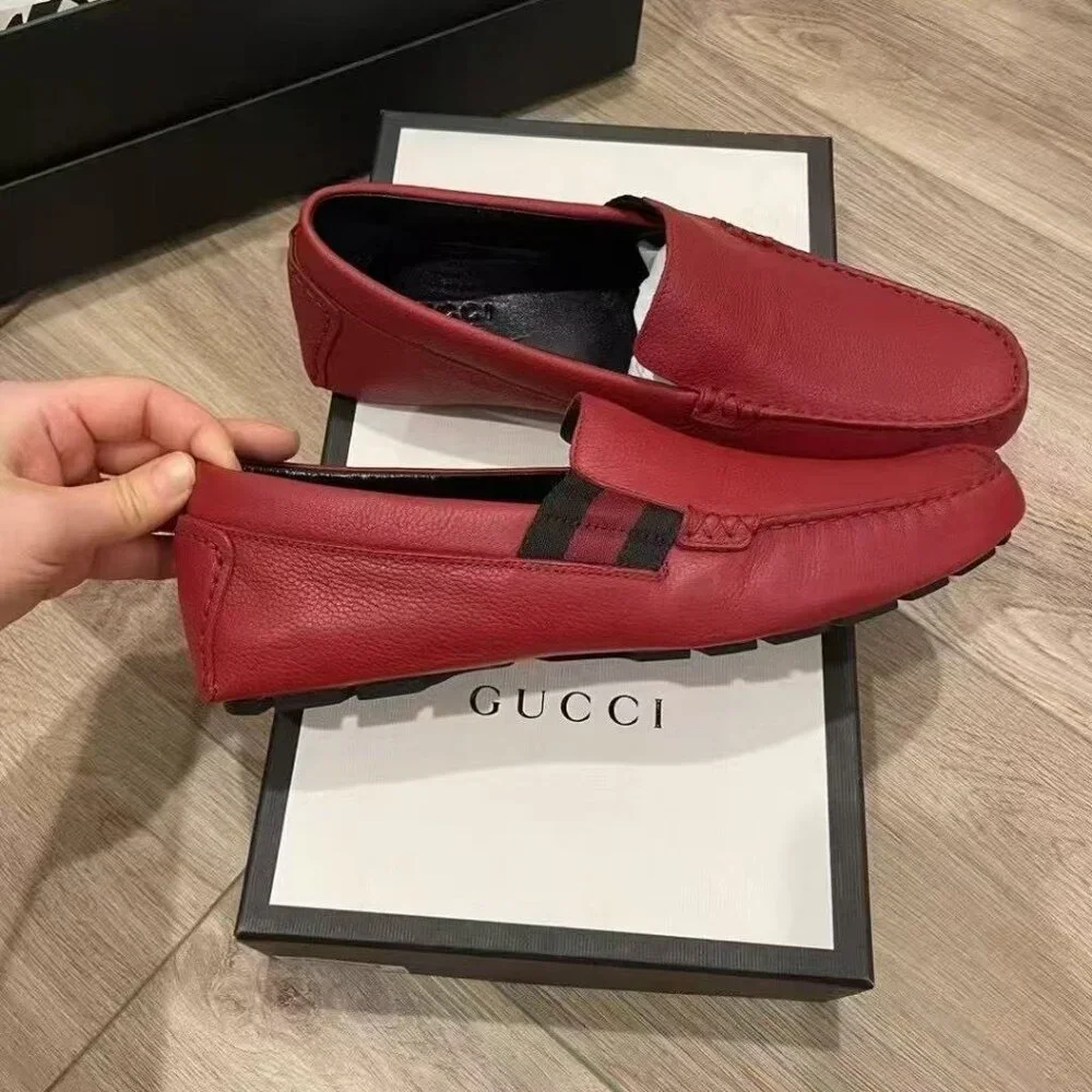 NIB Authentic Gucci Web Stripe Loafers Drivers Shoe Mocasins Red
